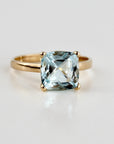 Cushion Cut Aquamarine Solitaire Ring, 2.3 Carat 8mm March Birthstone in 14K Gold, Four Prong Basket Setting - Melt'm Jewelry
