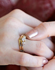 Three Stone Diamond Engagement Ring 14k Gold, Chevron Stacking Bridal Ring, Curved Dainty Wedding Band - Melt'm Jewelry