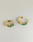 Emerald Huggie Hoop Earrings 14k Gold, 2mm Lab Grown Emerald Trio Hoops - Melt'm Jewelry