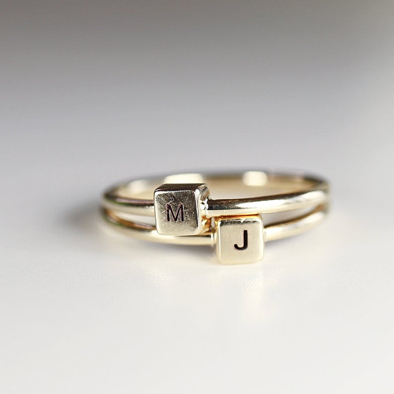 Solid 14k Gold Cube Personalized Ring, Gold Initial Ring