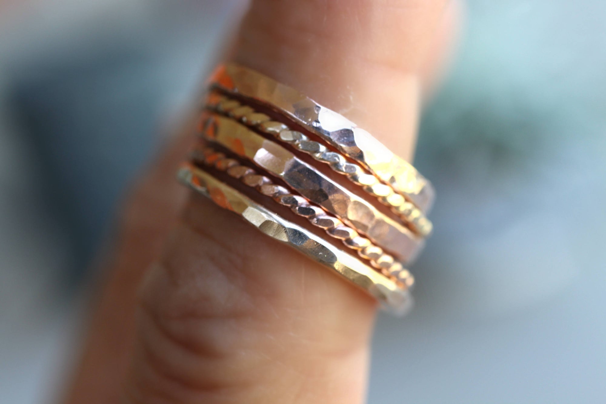 Gold Stacking Rings, Set of 5 Rings, Hammered and Twisted Bands