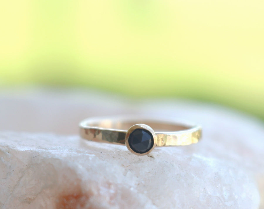 Blue Sapphire Solitaire Ring, September Birthstone Gold Filled Hammered Band
