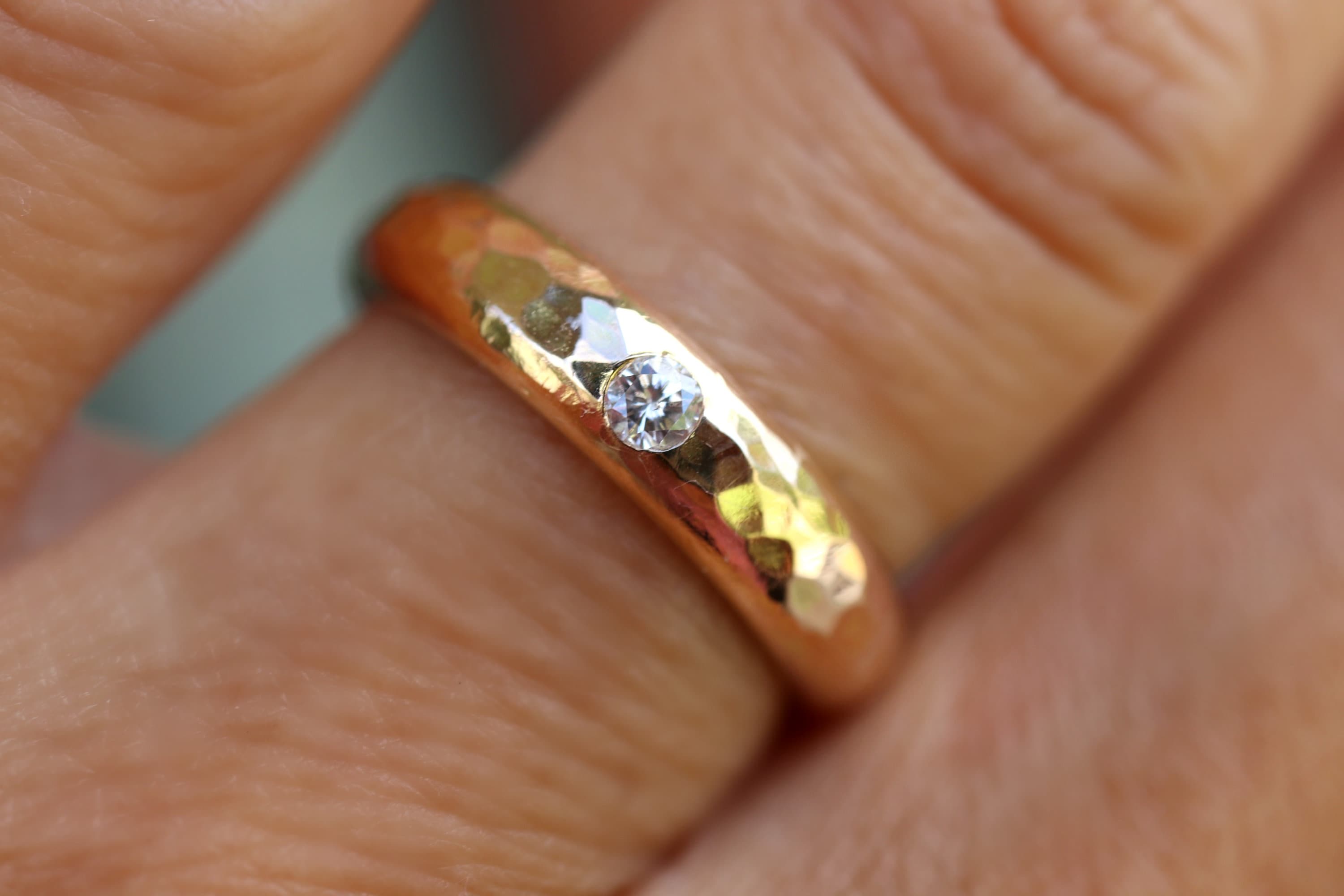 Tiny Diamond Wide Hammered Gold Wedding Band, Unique Wedding Ring
