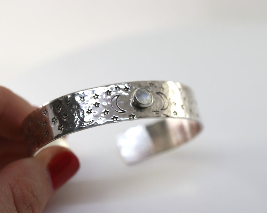 Opal Moon and Stars Hand Stamped Celestial Cuff Bracelet