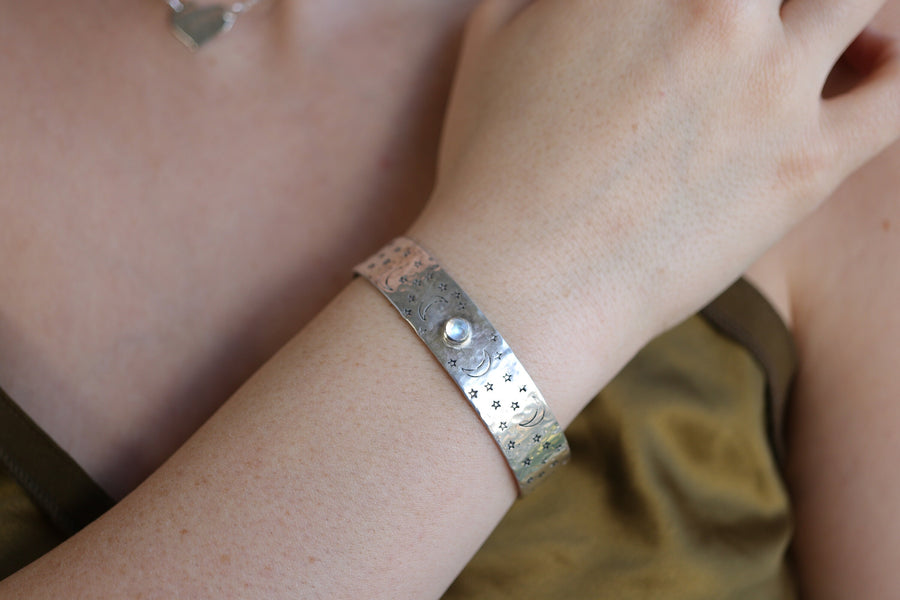 Opal Moon and Stars Hand Stamped Celestial Cuff Bracelet