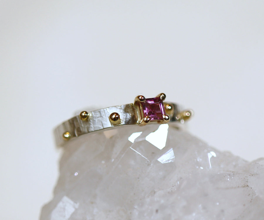 Textured Silver Band and Gold Granule Accents, Pink Tourmaline Ring