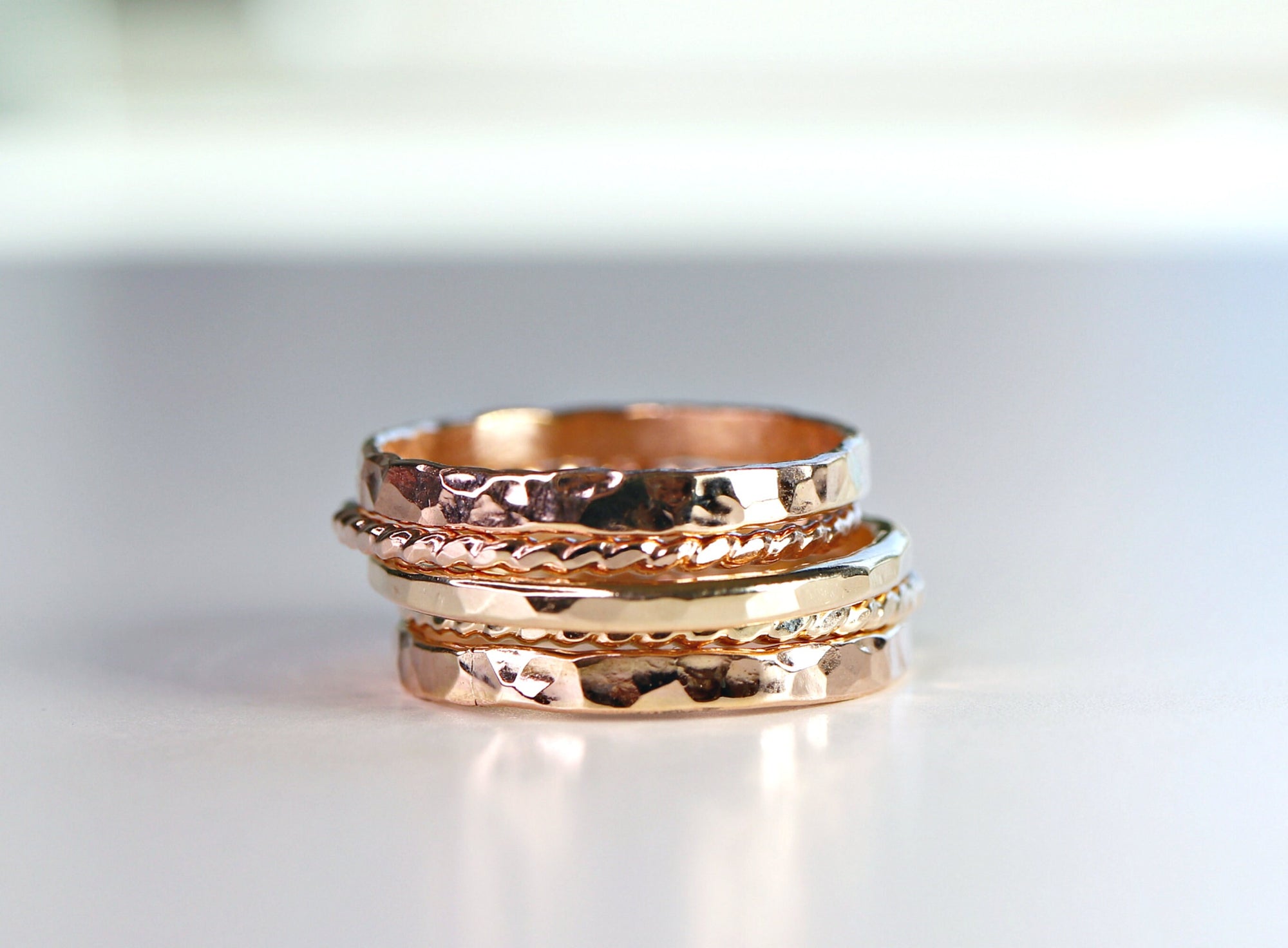 Gold Stacking Rings, Set of 5 Rings, Hammered and Twisted Bands