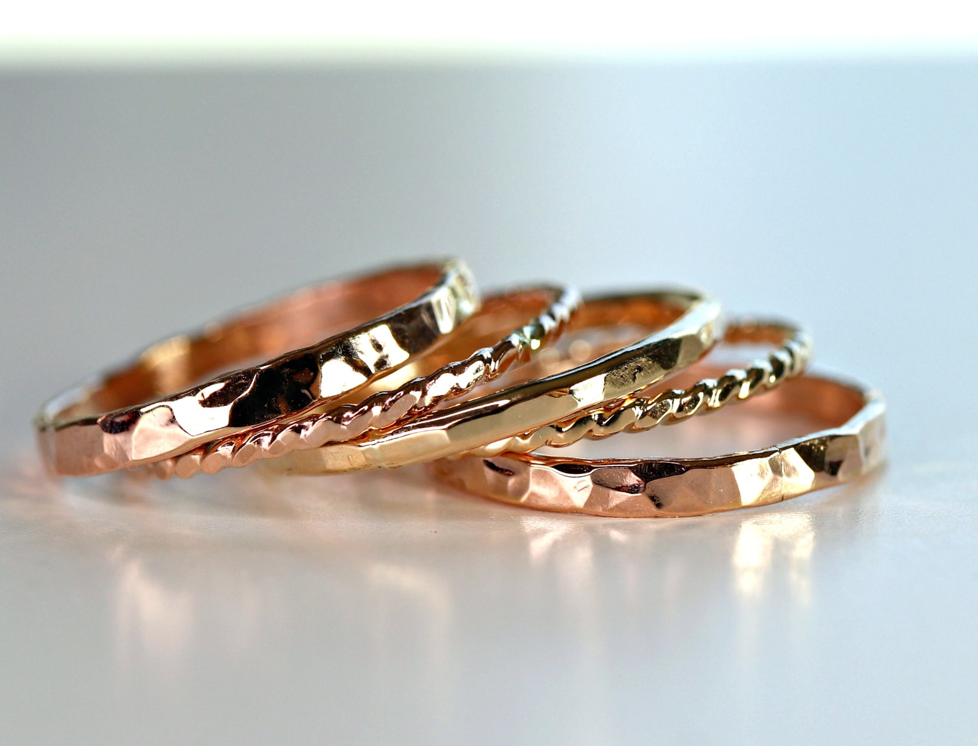 Gold Stacking Rings, Set of 5 Rings, Hammered and Twisted Bands