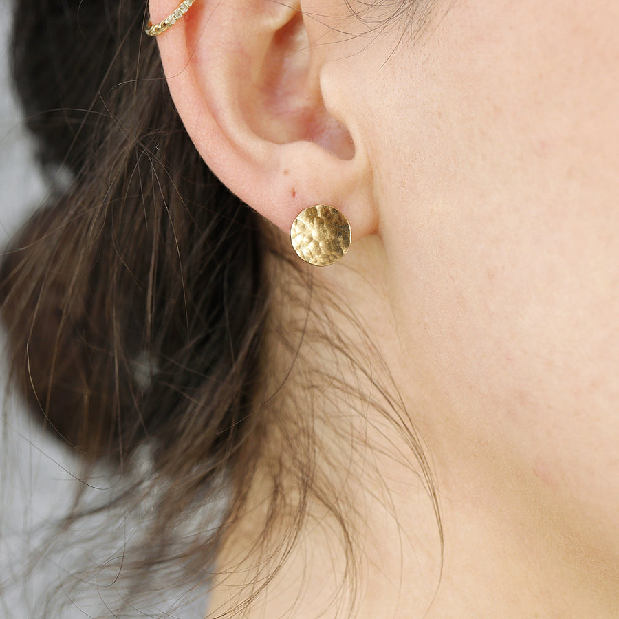 Gold Circle Earrings 9.5mm Medium size Hammered Gold Disc Stud Earrings