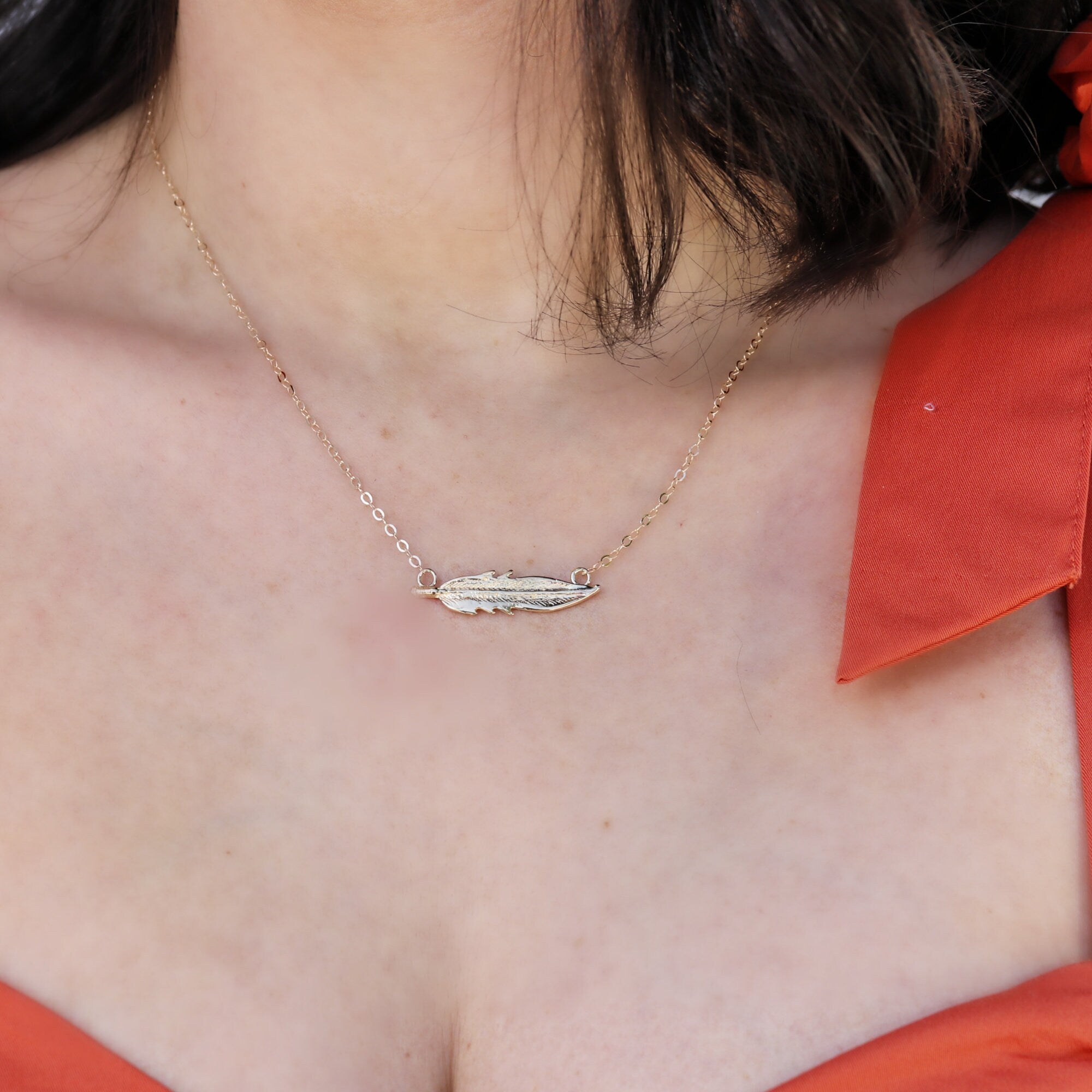 14k Solid Gold Feather Necklace