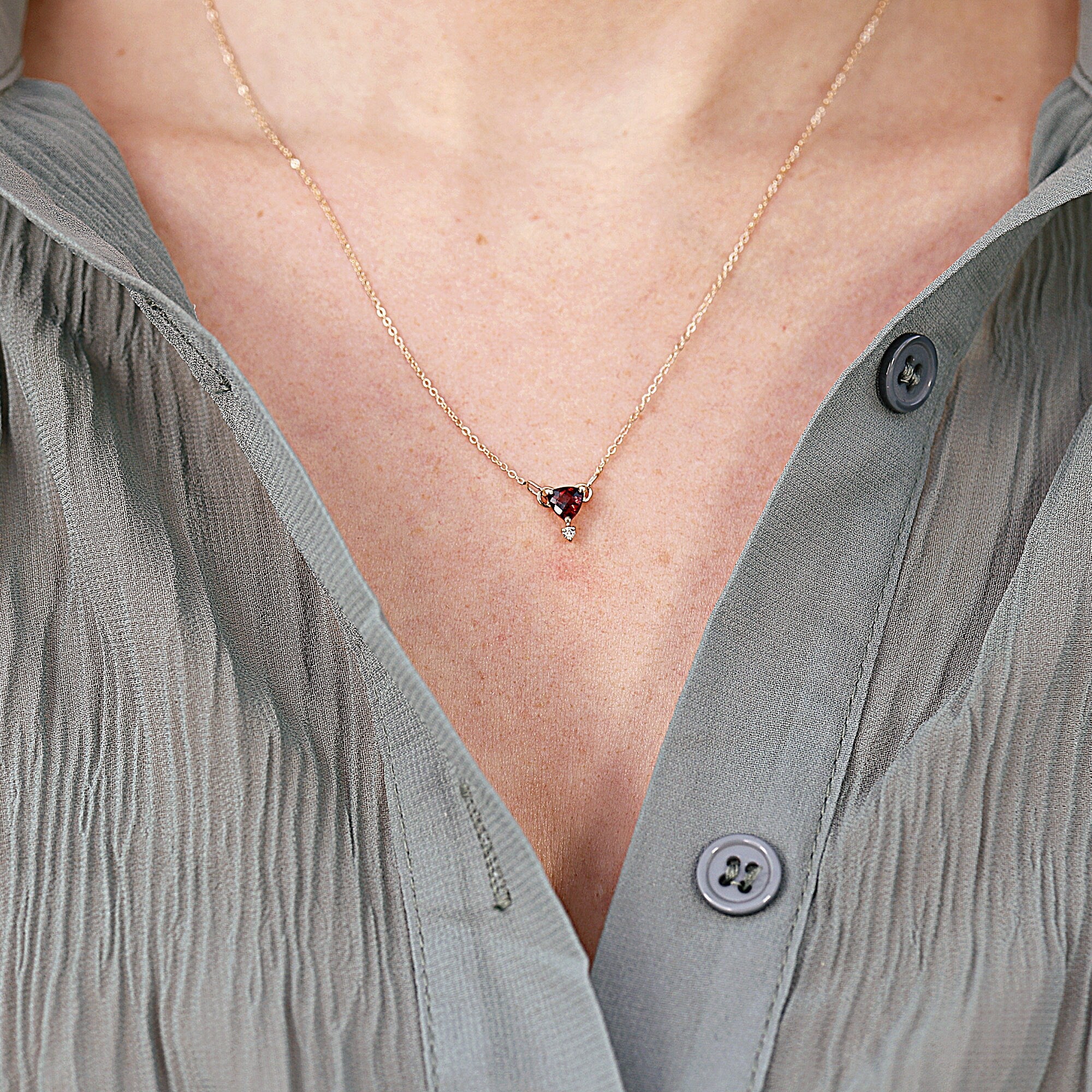 Diamond & Trillion Red Garnet Necklace 14k Gold