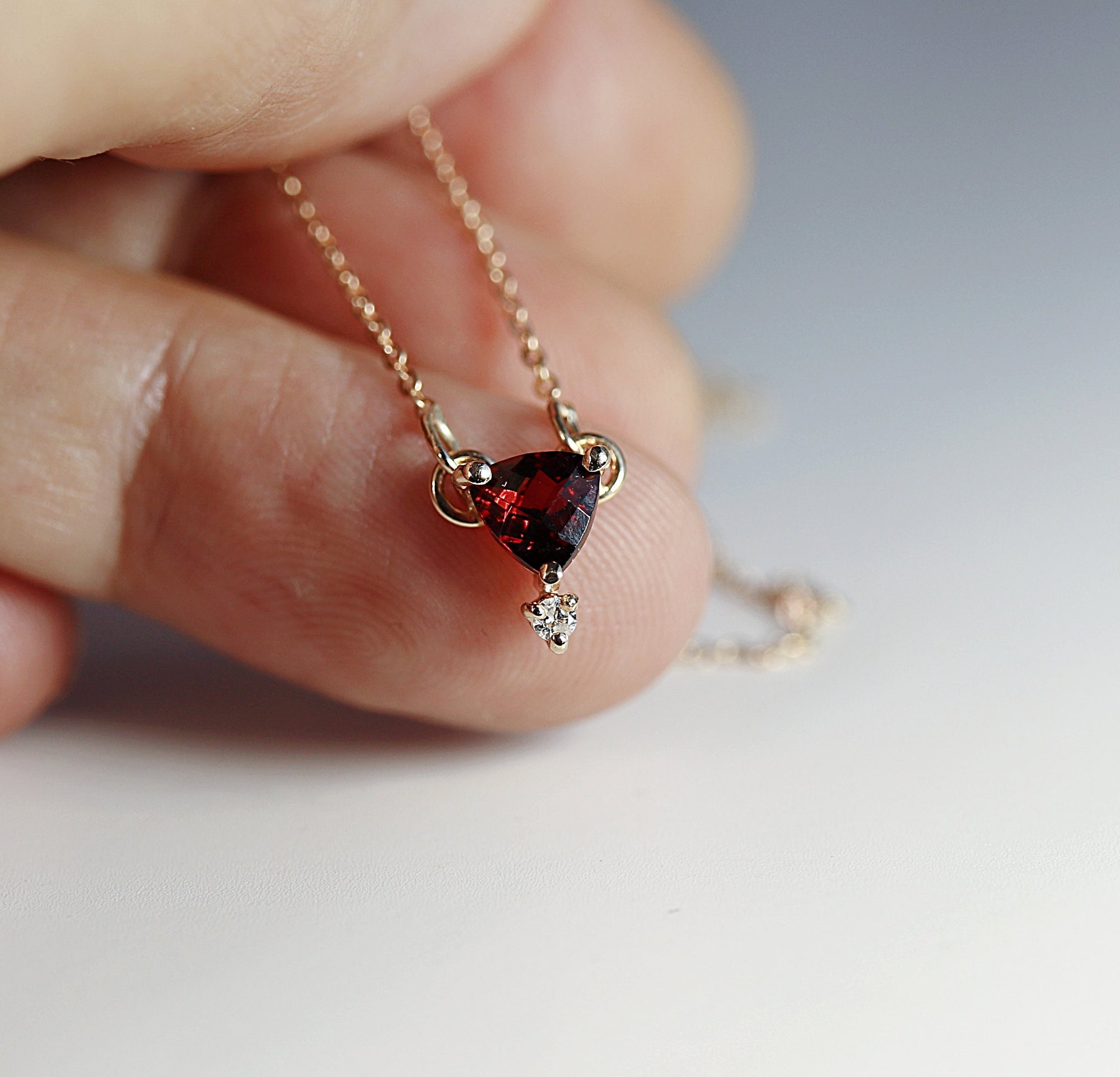 Diamond & Trillion Red Garnet Necklace 14k Gold