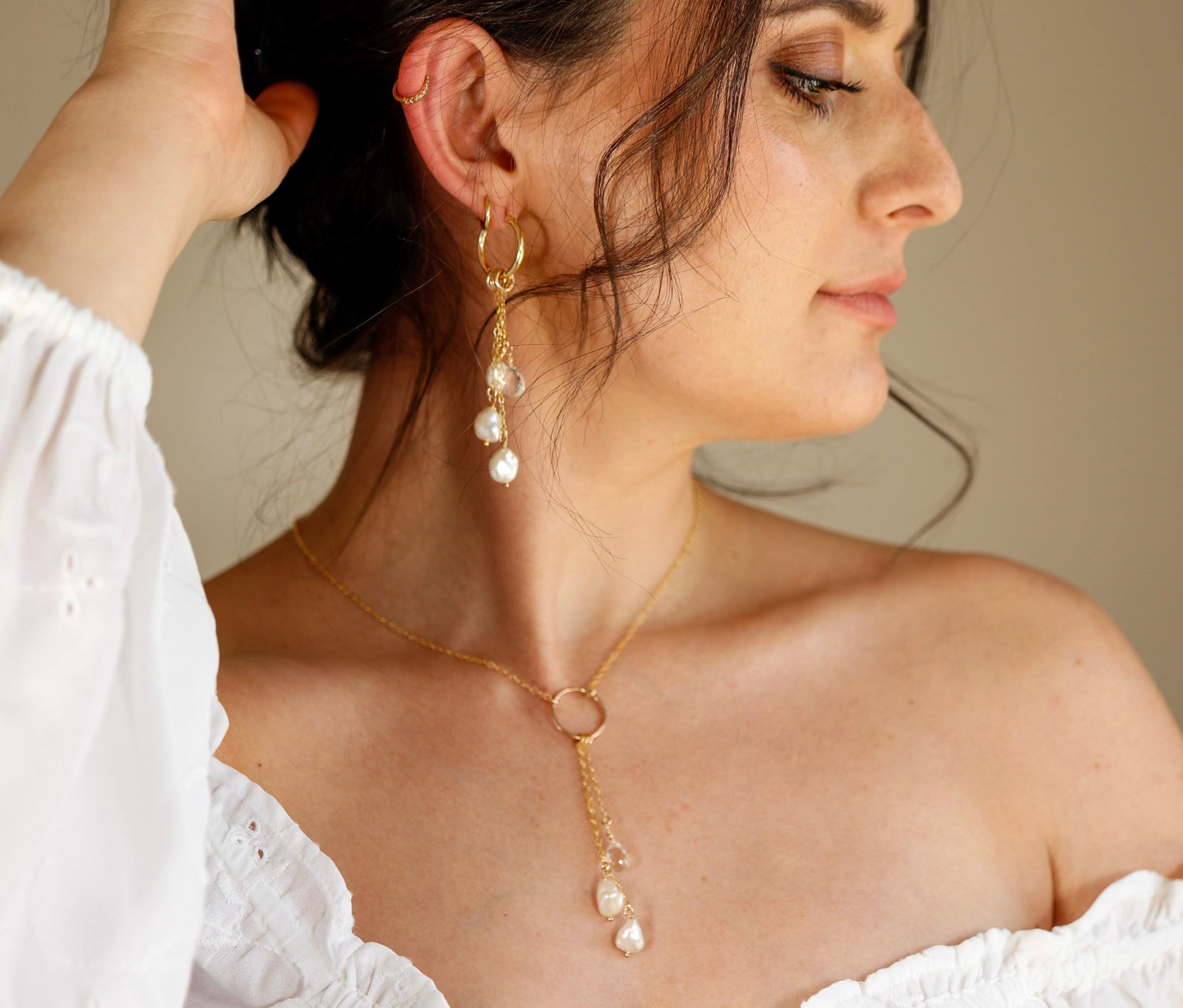 White Topaz and Pearl Gold Lariat Necklace