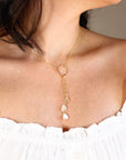 White Topaz and Pearl Gold Lariat Necklace