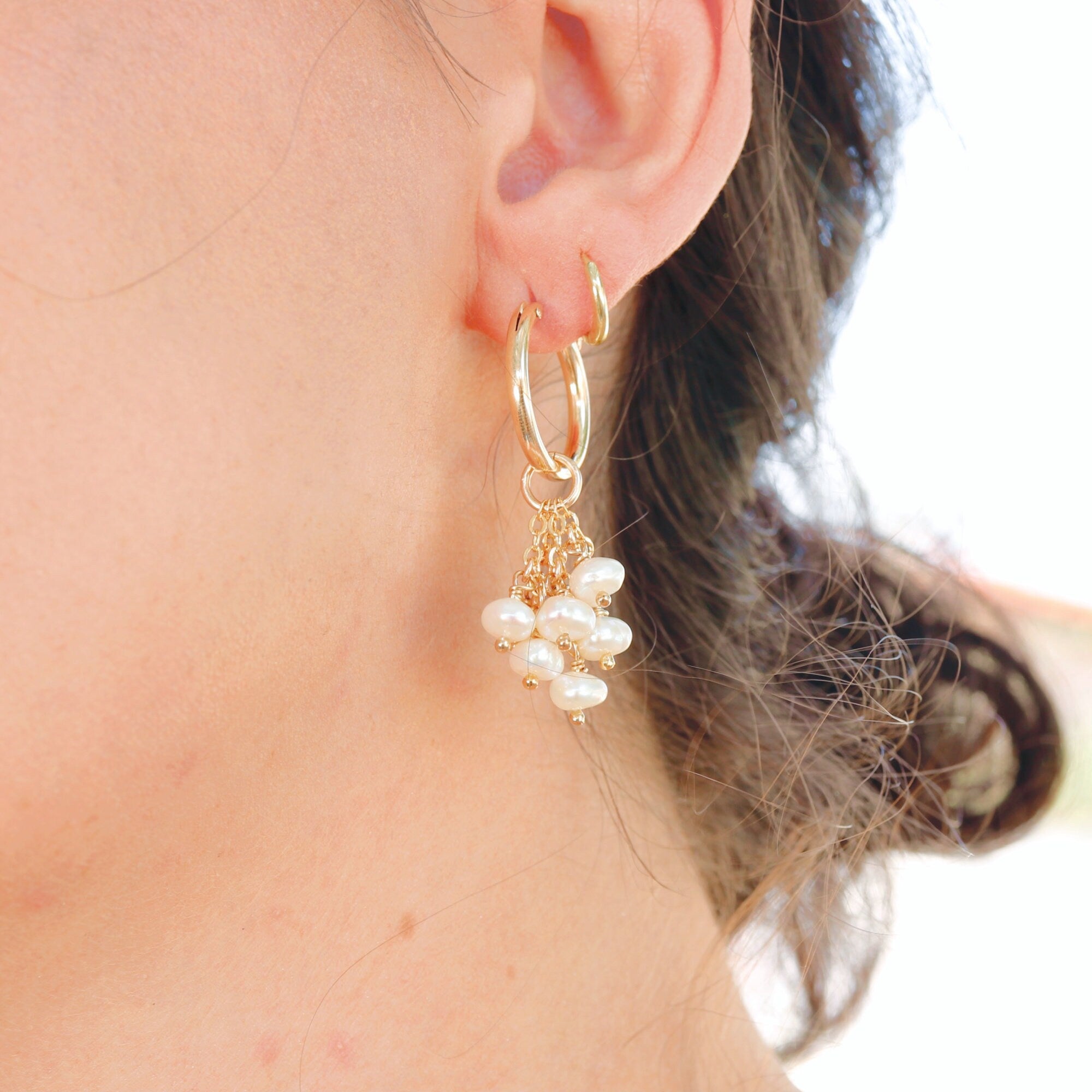 Gold Filled Pearl Hoops - Pearl Cluster Earrings