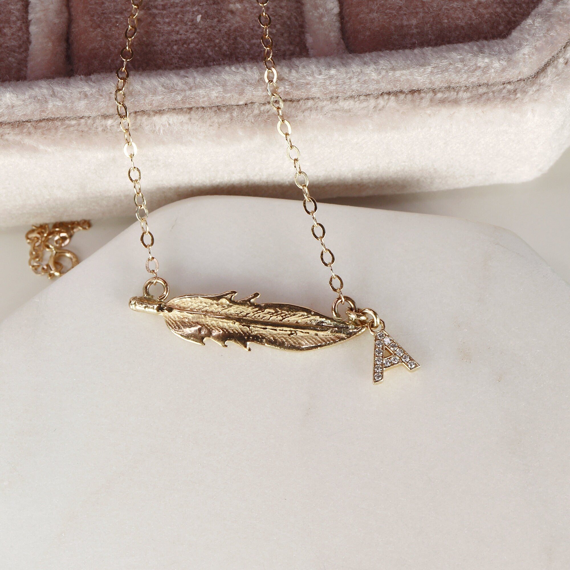 14k Solid Gold Feather Necklace