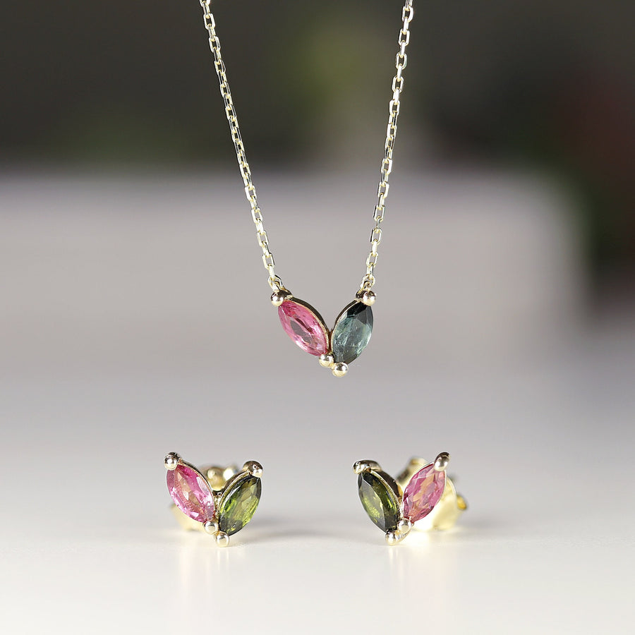 Marquise Pink Tourmaline and Green Tourmaline Necklace 14k Solid Gold