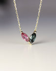 Marquise Pink Tourmaline and Green Tourmaline Necklace 14k Solid Gold