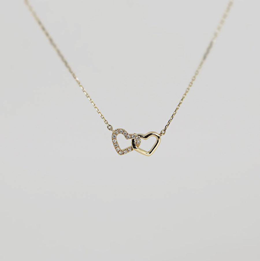 14k Gold Diamond Double Heart Necklace, Interlocking Hearts Necklace, Love Necklace, Open Heart Necklace, Christmas Gift for Wife