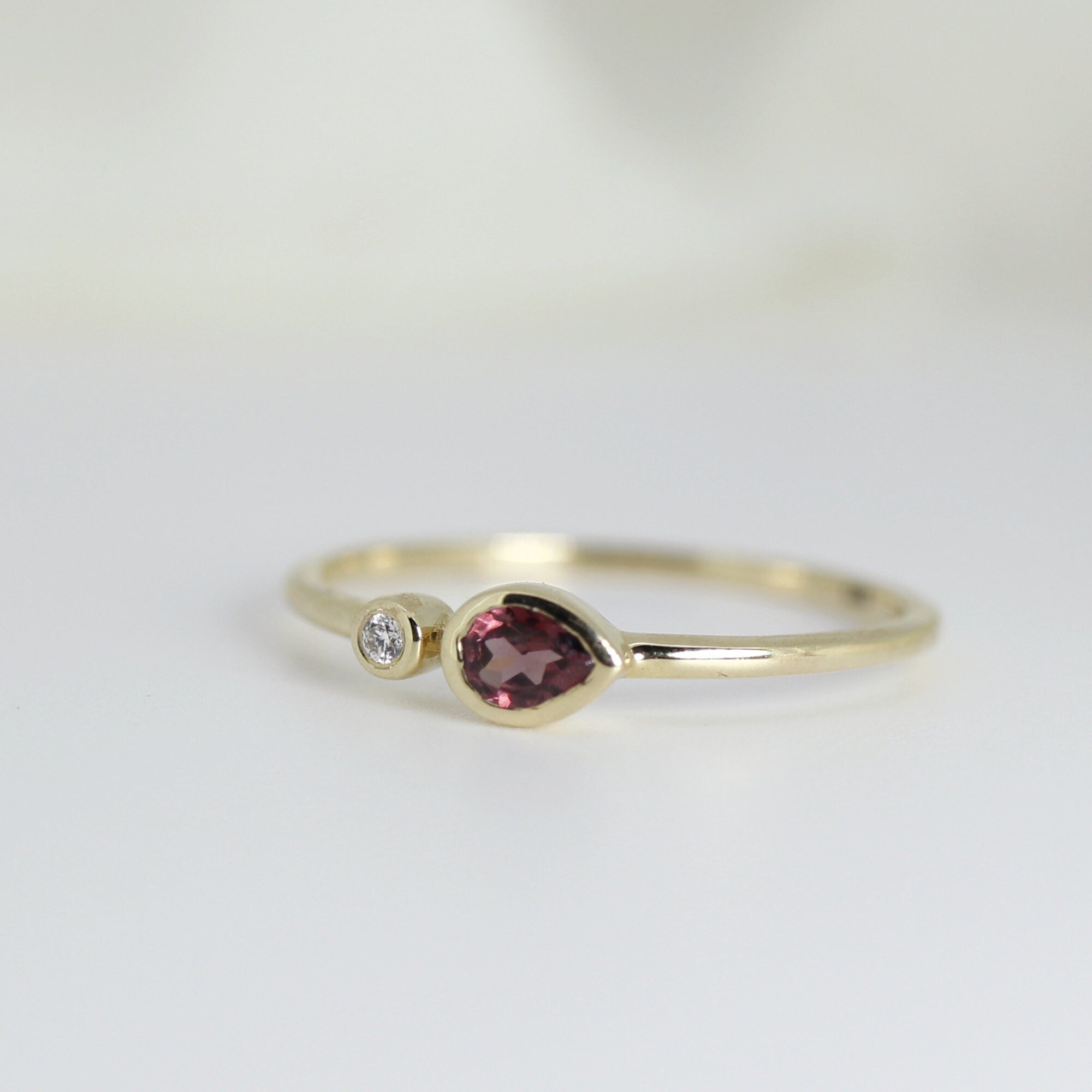 Dual Stone Ring 14k Gold, Diamond and Hot Pink Pear Tourmaline Ring, Double Stone Ring, Mothers Ring, Valentine Gift