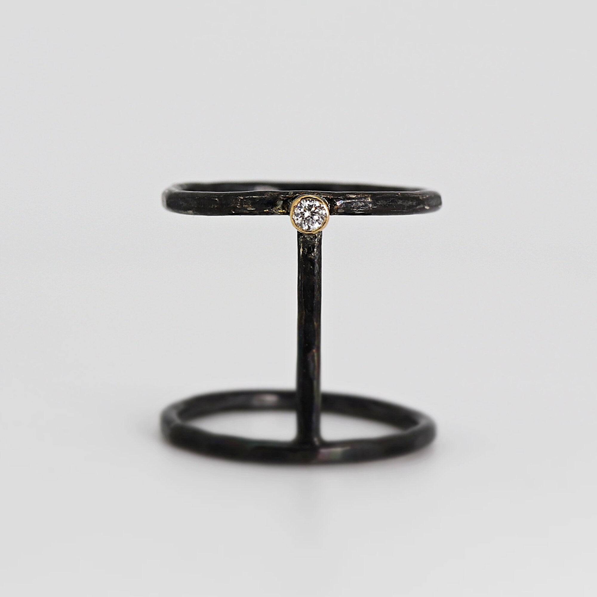 Sterling Silver Double Band Diamond Ring, Black Patina Silver Mixed Metal Ring