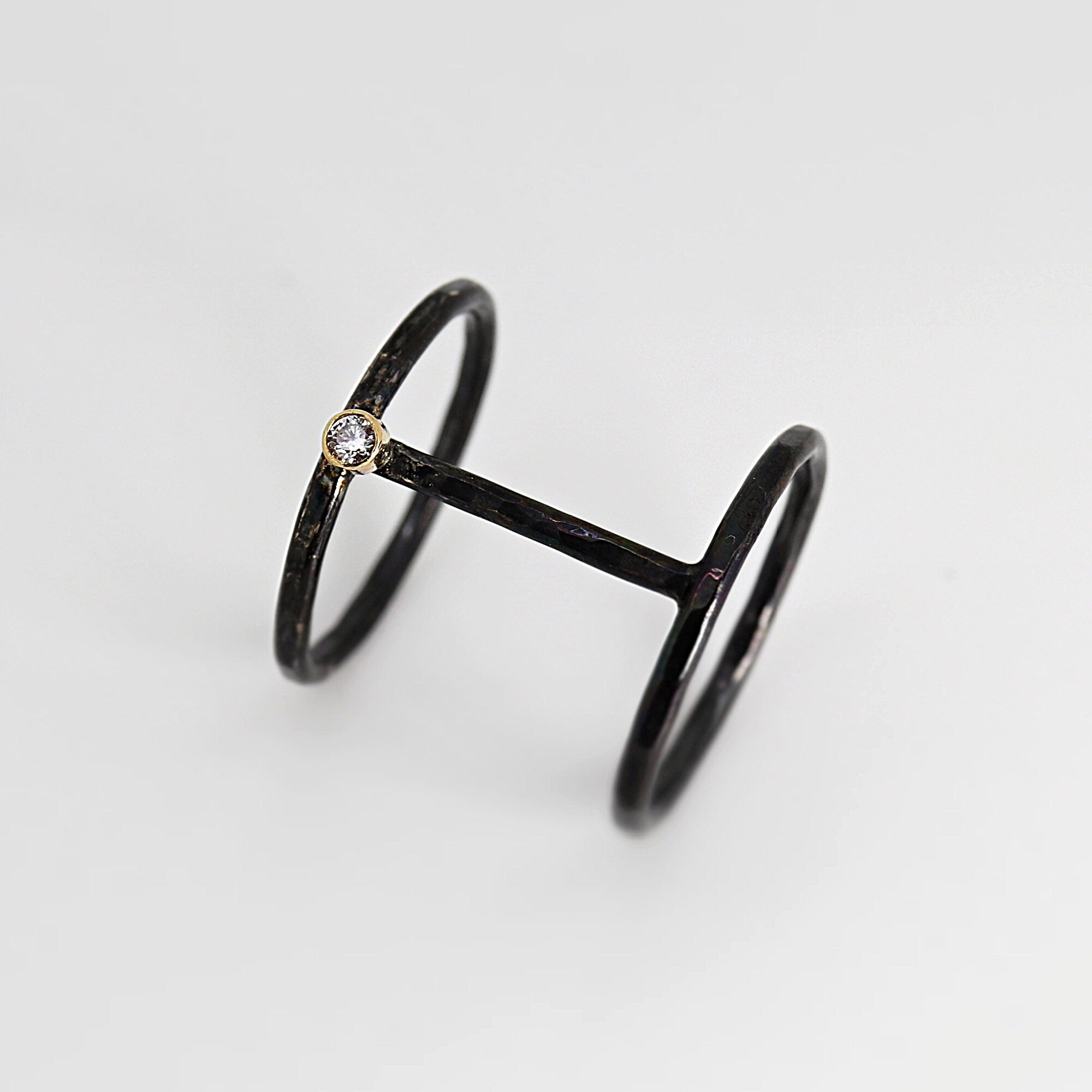 Sterling Silver Double Band Diamond Ring, Black Patina Silver Mixed Metal Ring