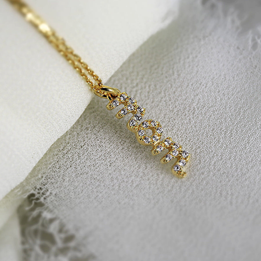 Pave Mom Necklace, Gold Mom Necklace, Mothers Necklace with CZ Diamonds
