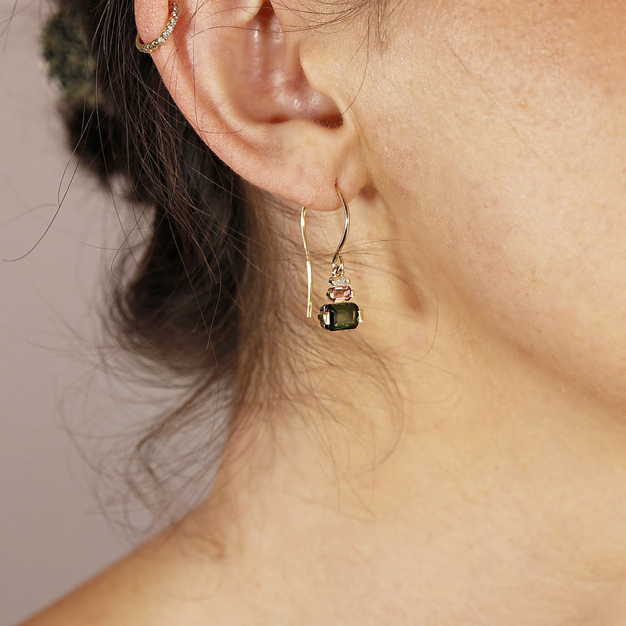 14k Gold Green Tourmaline Earrings, Dangling Earrings, Pink Tourmaline and Baguette Diamond Earrings, Baguette Tourmaline Earrings