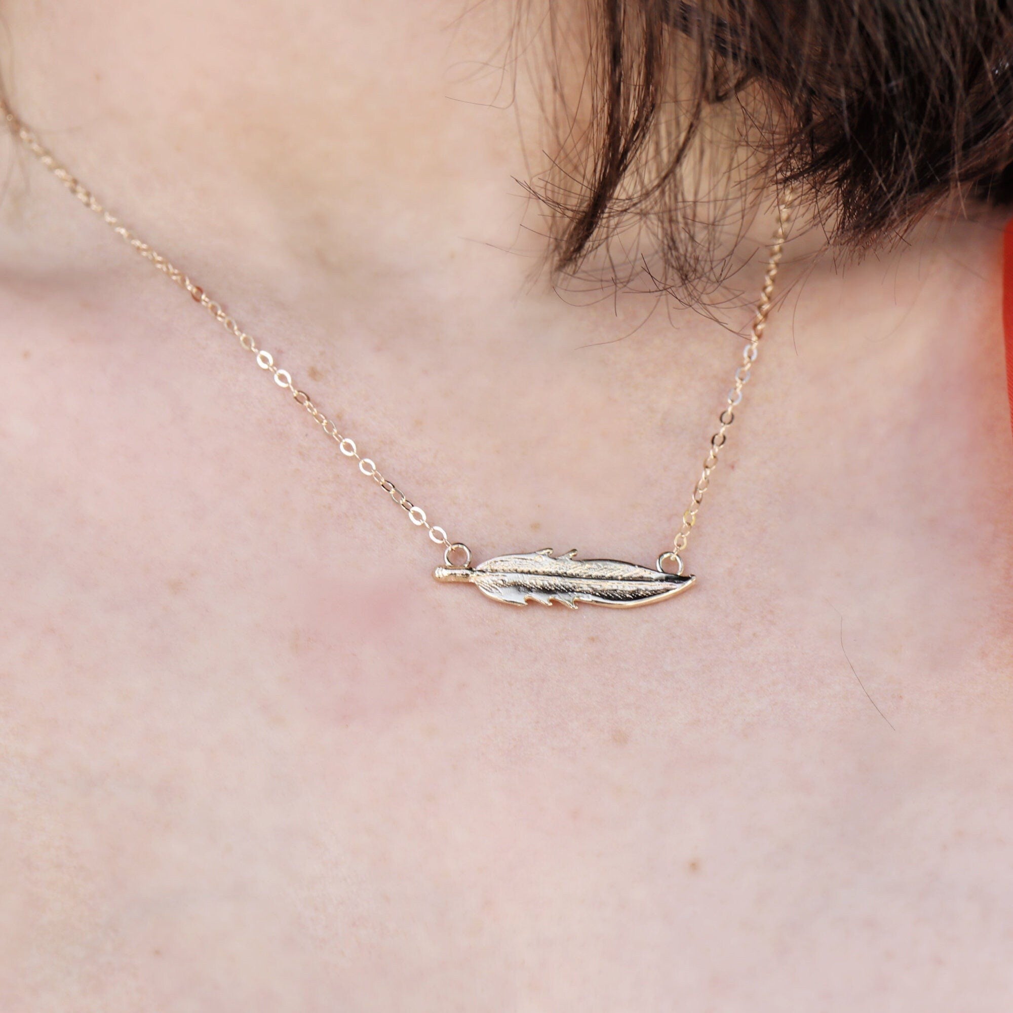 14k Solid Gold Feather Necklace