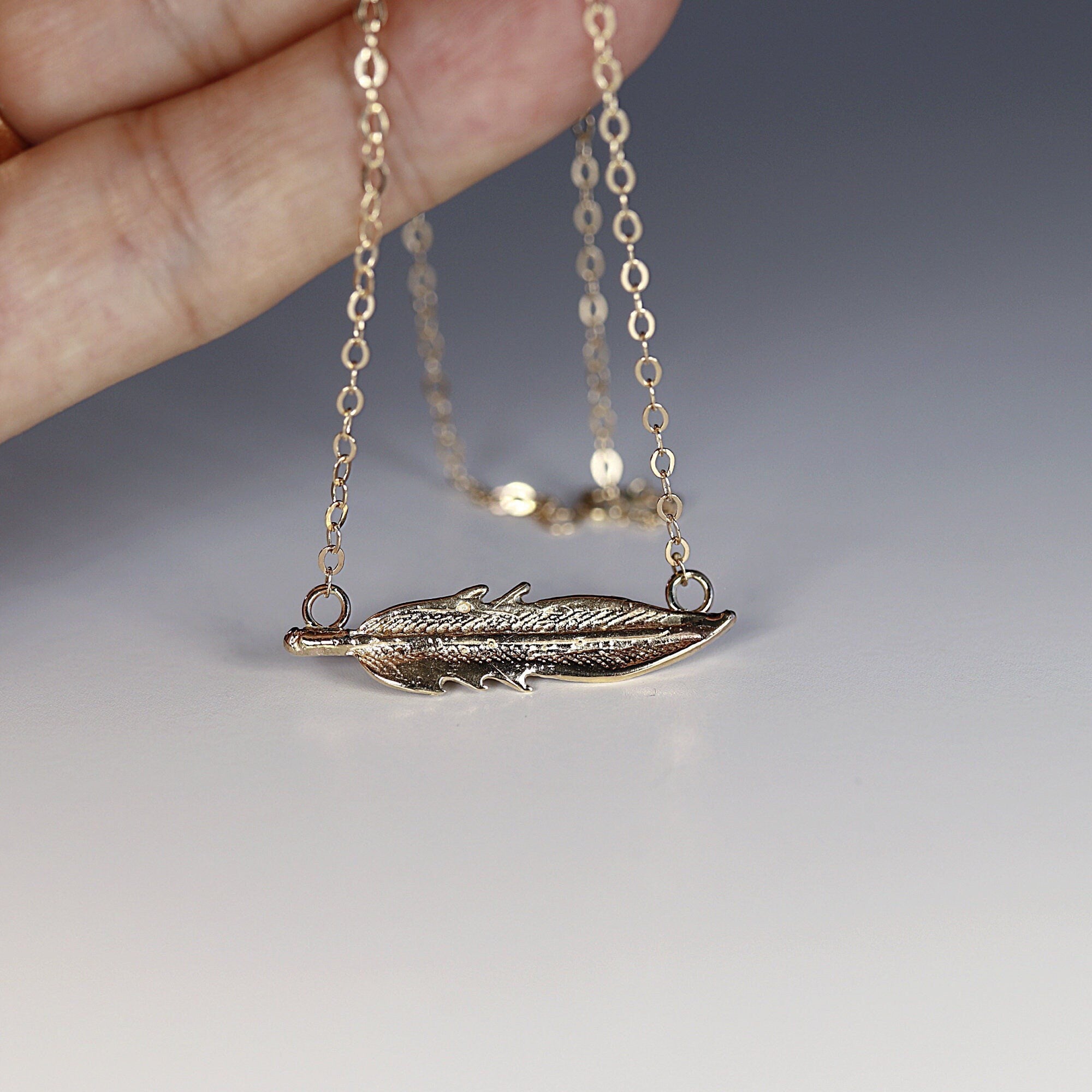 14k Solid Gold Feather Necklace