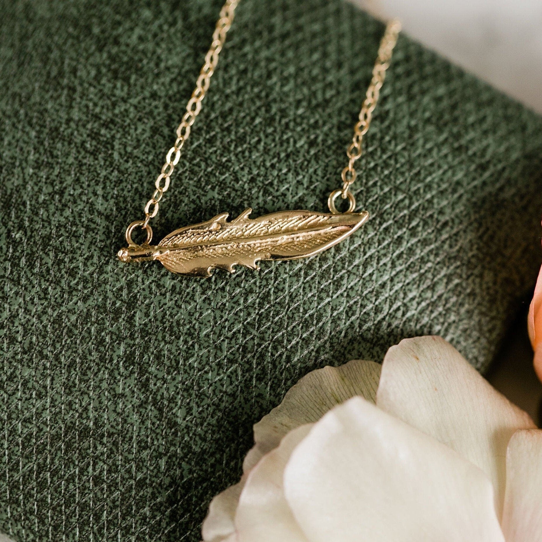 14k Solid Gold Feather Necklace