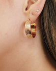 Thick Round Hoop Earrings, Flower Patterned Gold Filled Hoop Earrings, Thick Hoops, Gift for Mom, Handmade Jewelry