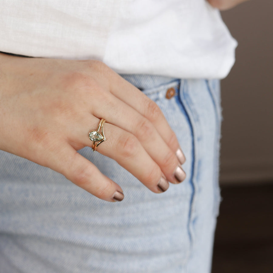 Pear Green Tourmaline Ring 14k Gold, Teardrop Tourmaline Engagement Ring, Bezel Set Promise Ring, Unique Handmade Fine Jewelry