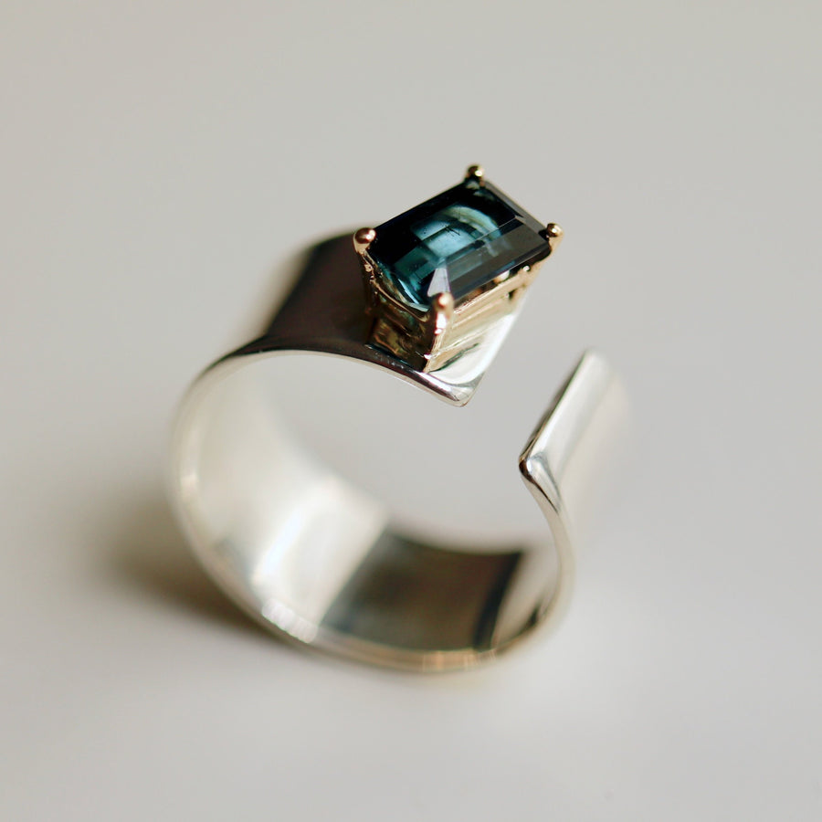 Indicolite Blue Tourmaline Ring, Mix Metal, Sterling Silver Wide Band, 14k Gold Setting, Art Deco Statement Ring, October Birthstone Ring