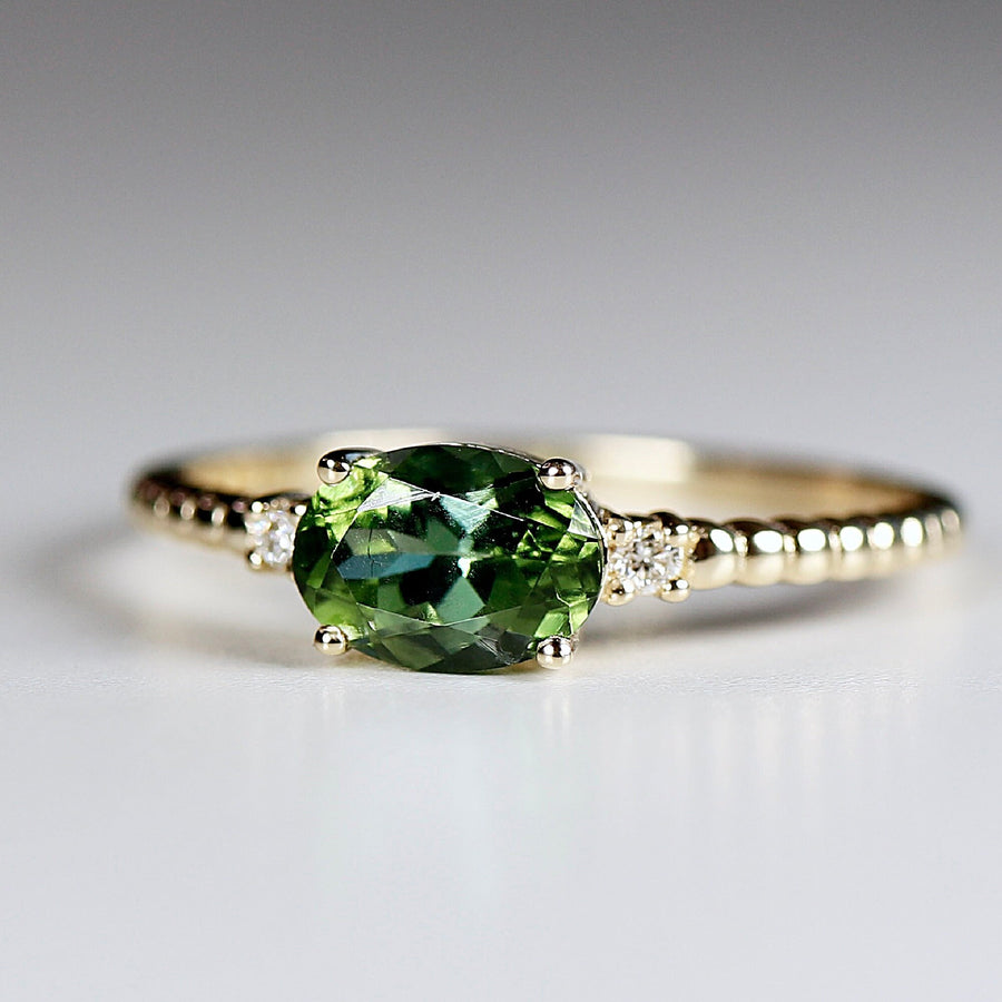 Diamond & Green Tourmaline Engagement Ring, 14k Solid Gold Oval Tourmaline Ring, Gold Tourmaline Ring, Anniversary Ring, Gift For Her
