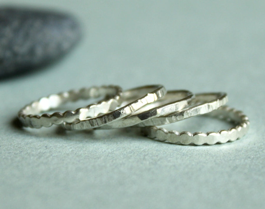 Stackable Ring Set of Five, Hammered and Textured Silver Rings, Simple Skinny Stacking Ring Set