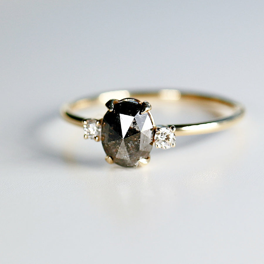 Oval Salt and Pepper Diamond Ring 14k Gold, Anniversary Gift, Black Diamond Ring, Three Stone Ring, Unique Marquise Engagement Ring