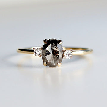 Oval Salt and Pepper Diamond Ring 14k Gold, Anniversary Gift, Black Diamond Ring, Three Stone Ring, Unique Marquise Engagement Ring