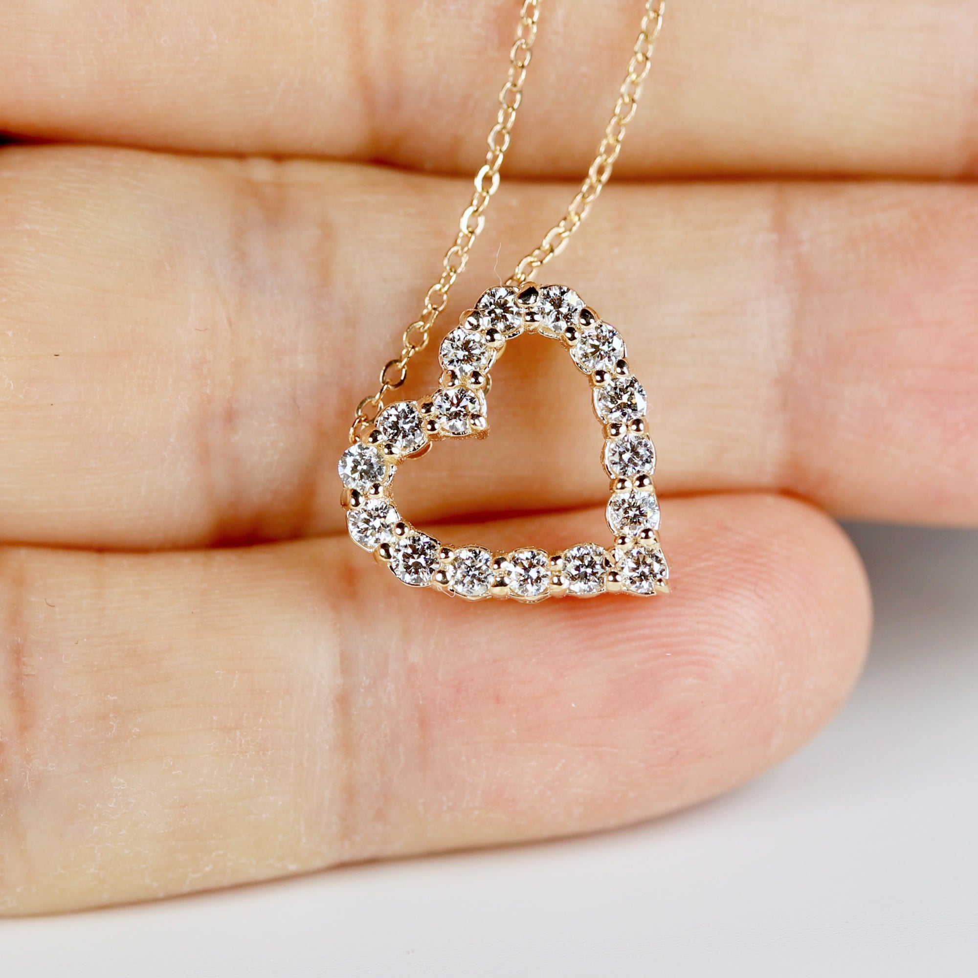 14k Gold Diamond Sliding Heart Necklace, Natural Diamond Open Heart Necklace