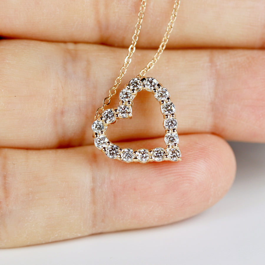 14k Gold Diamond Sliding Heart Necklace, Natural Diamond Open Heart Necklace