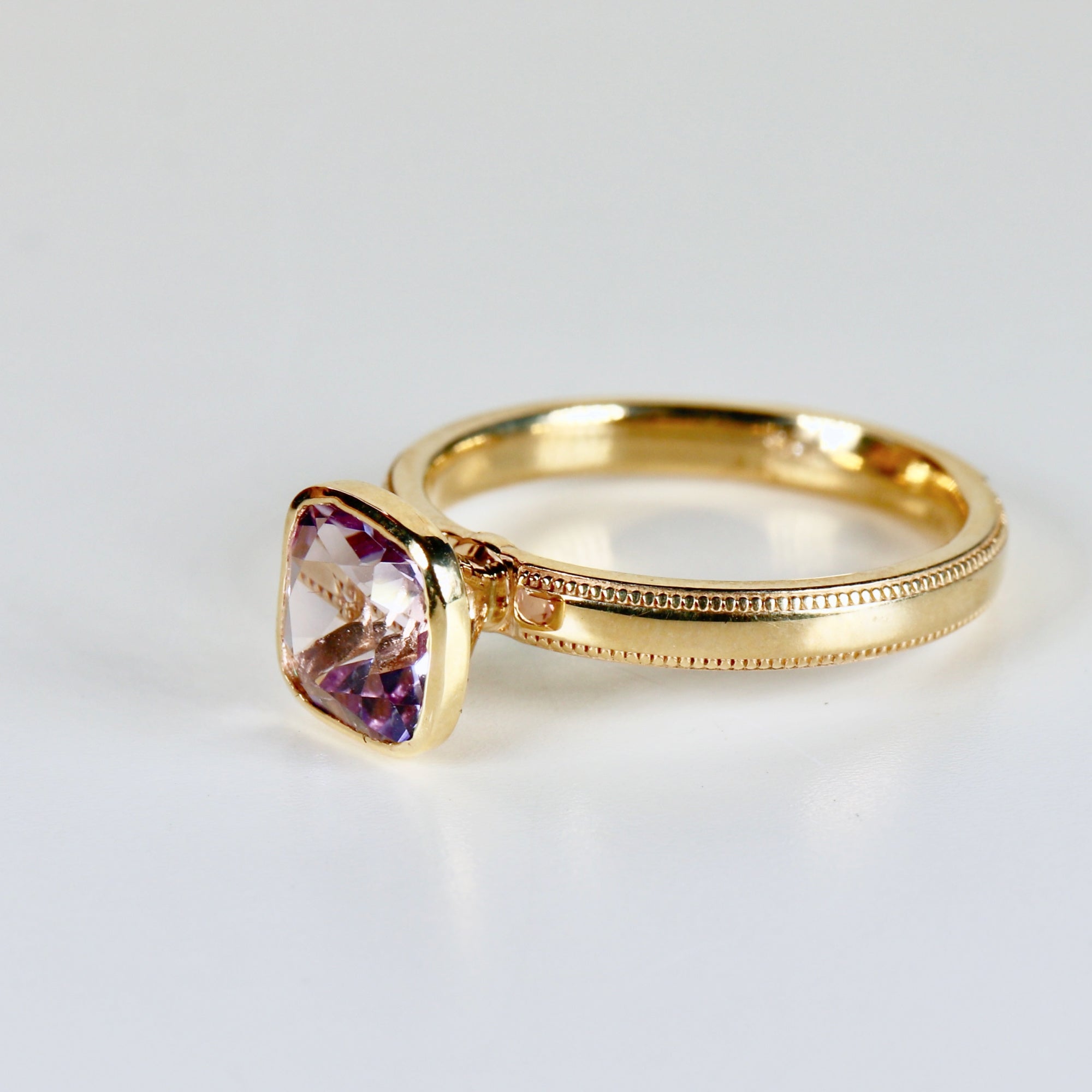 Cushion Cut Rose de France Amethyst Ring 10k Gold, Bezel Set Solitaire Engagement Ring