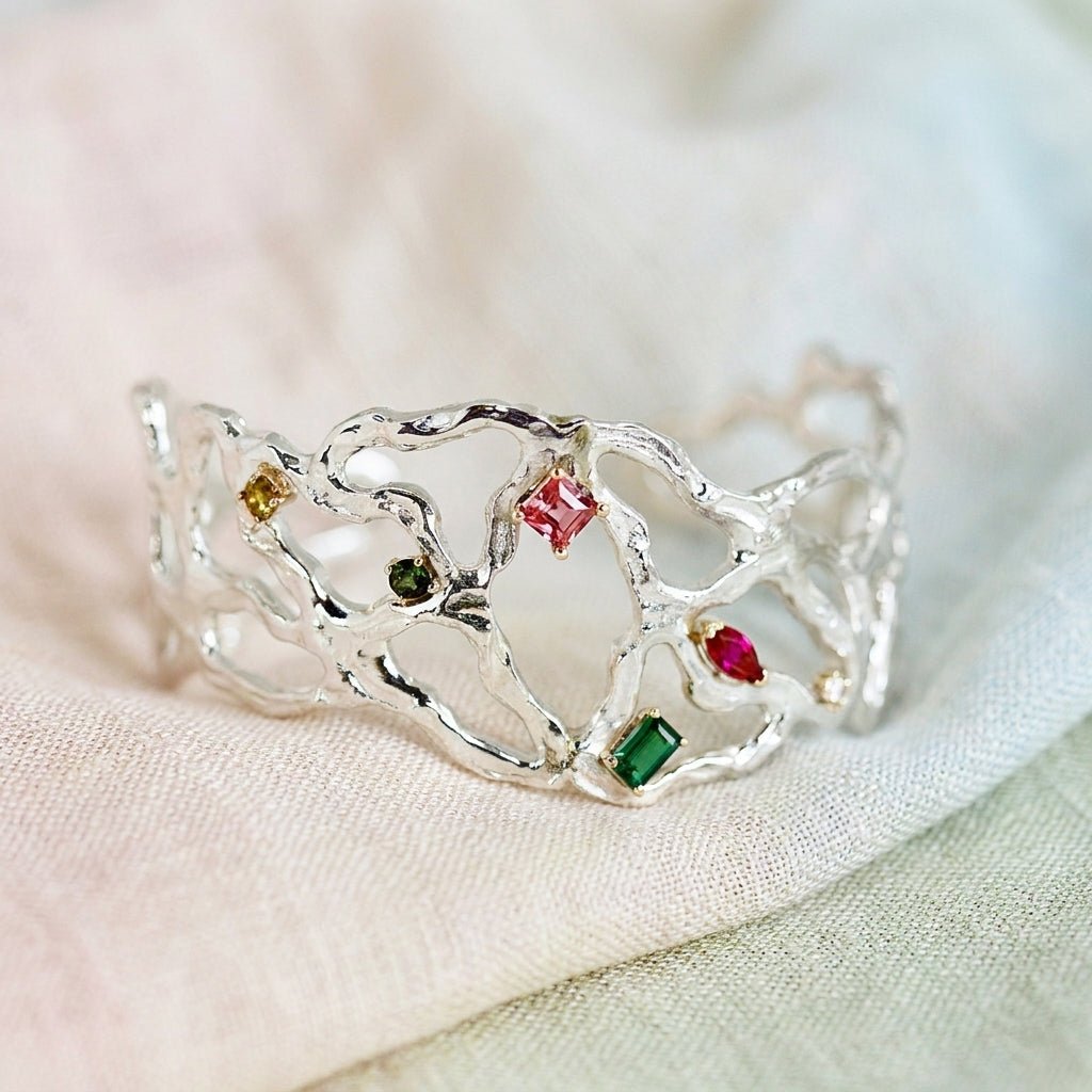 Multi-Gem Gemstone Cuff Bracelet in Sterling Silver and 14k Gold Set- One of A Kind - Melt'm Jewelry