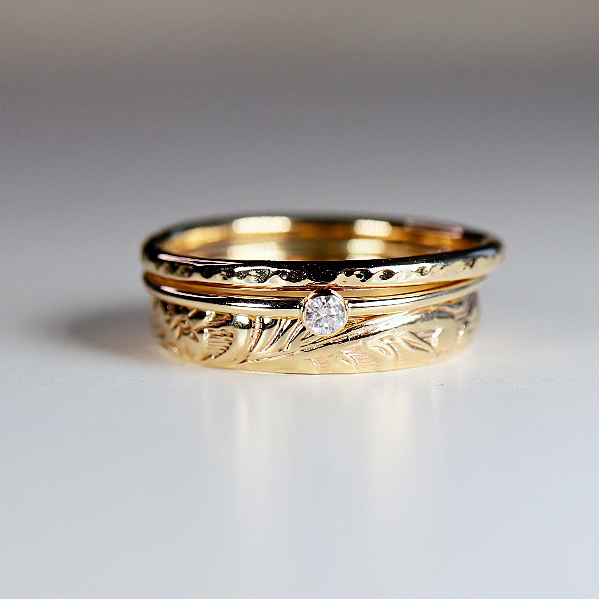 Set of 3 Gold Hammered Band Rings, Stacking Ring Set