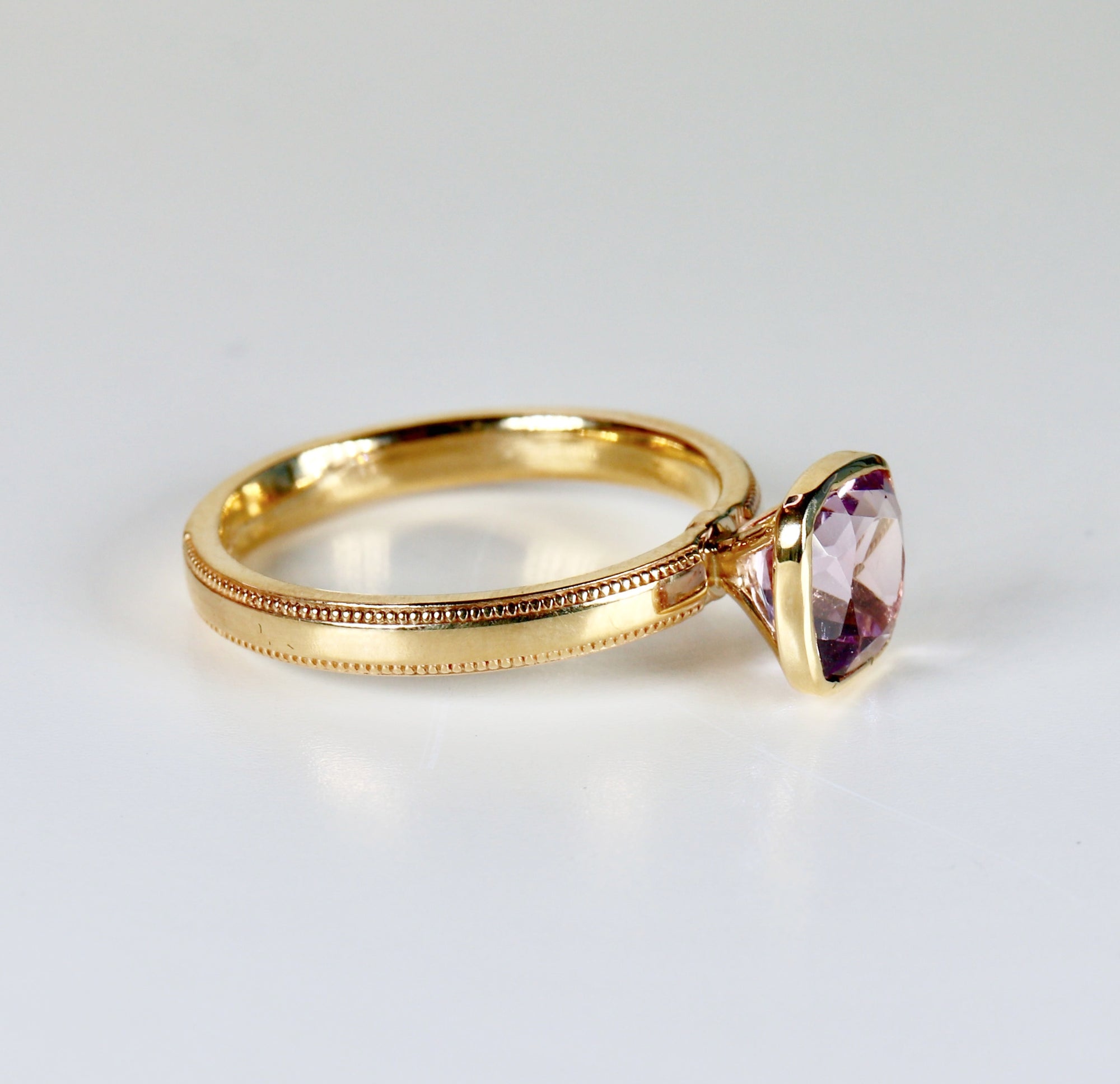 Cushion Cut Rose de France Amethyst Ring 10k Gold, Bezel Set Solitaire Engagement Ring