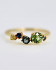 14k Gold Gemstone Cluster Ring: Peridot, Aquamarine, Teal Sapphire, Blue Sapphire, Opal Ring