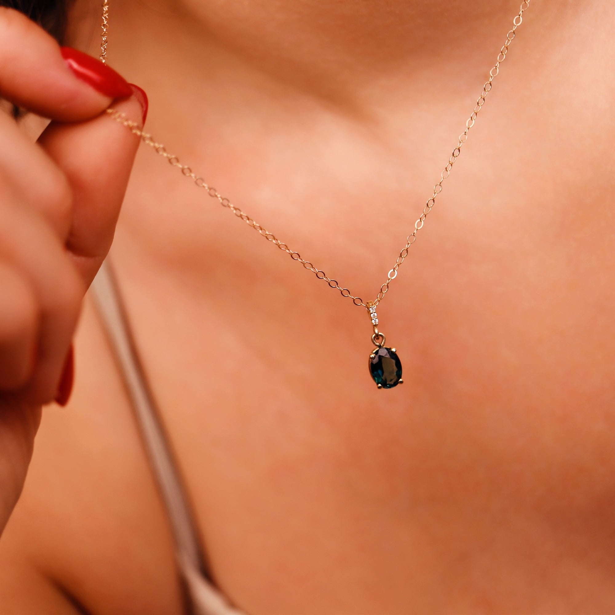 Green Tourmaline Necklace 14k Solid Gold with Diamond Bail