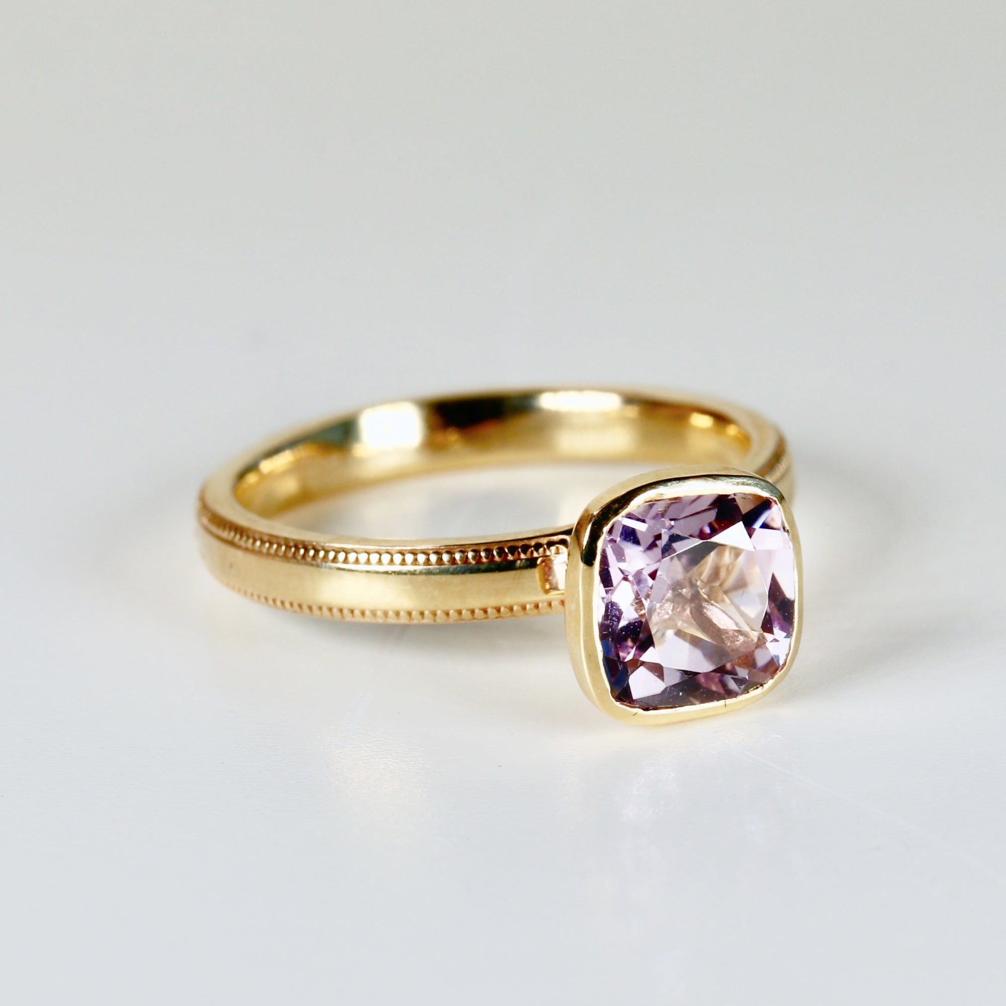 Cushion Cut Rose de France Amethyst Ring 10k Gold, Bezel Set Solitaire Engagement Ring