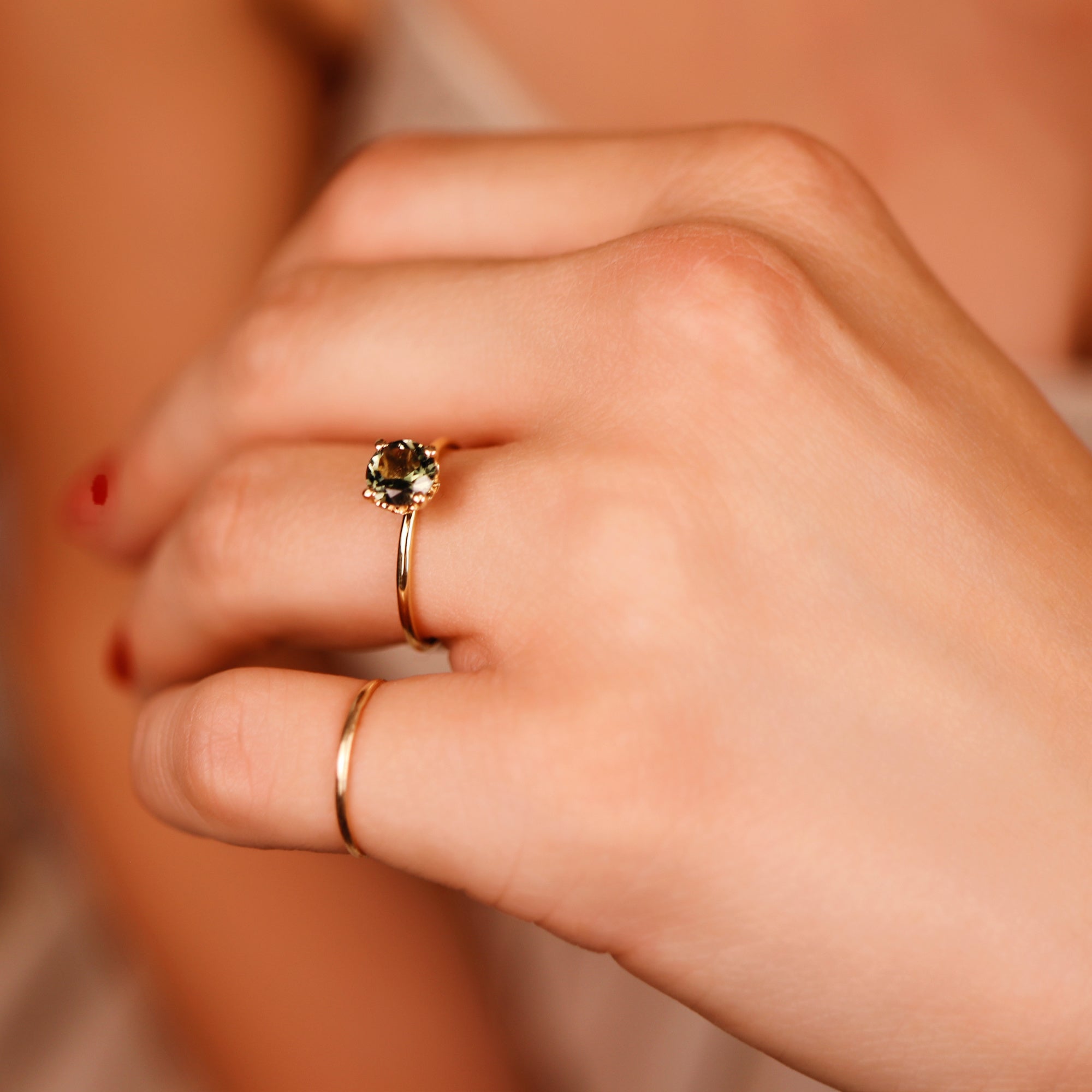 Round Olive Green Tourmaline Engagement Ring 10k Solid Gold