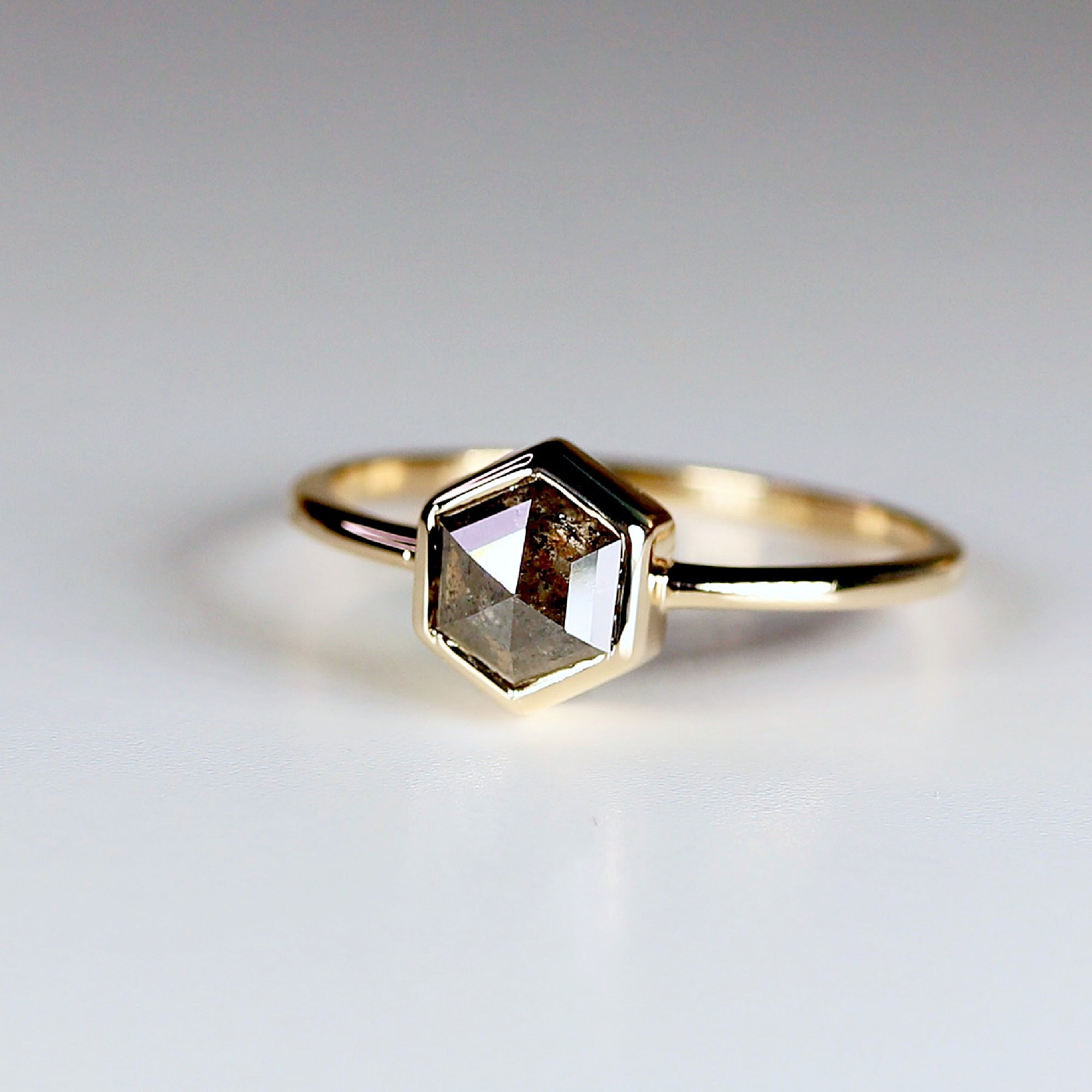 Hexagon Salt and Pepper Diamond Ring, Rose Cut Diamond Shield Ring