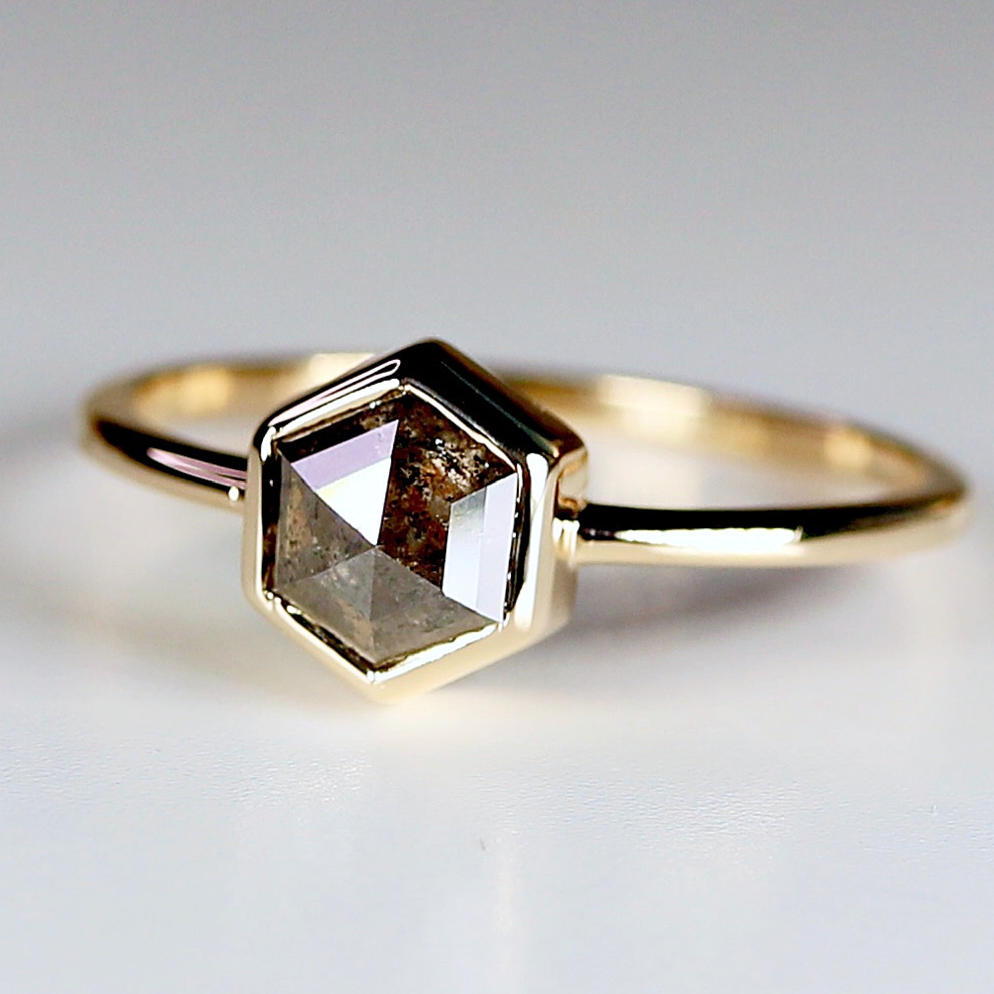 Hexagon Salt and Pepper Diamond Ring, Rose Cut Diamond Shield Ring